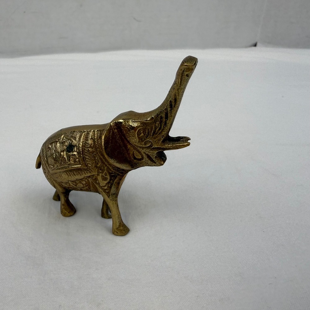 Vintage‎ Brass Elephant Figurine Etched Trunk Up Good Luck Statue 3.5 Inch